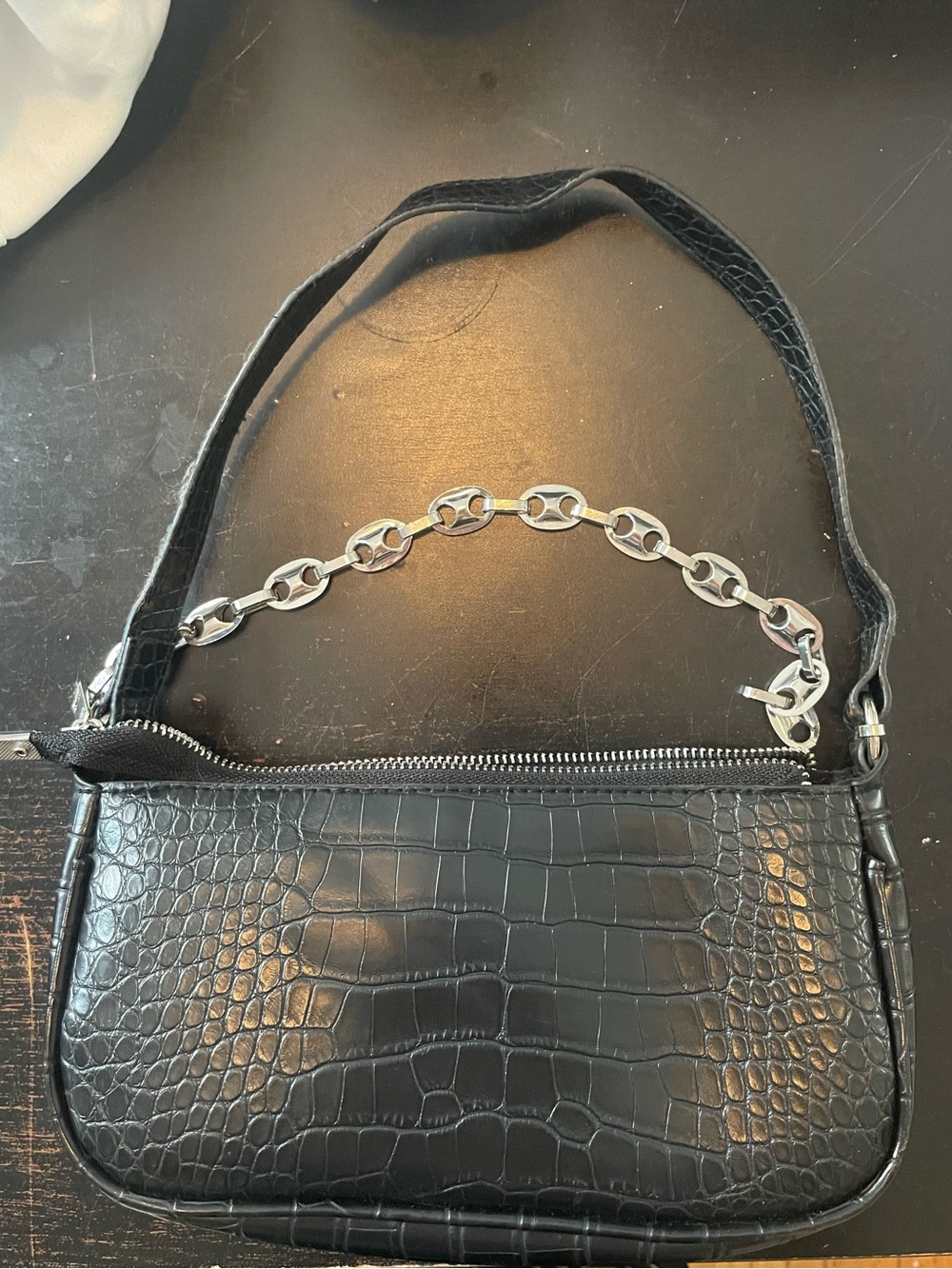 Ardene Black Croc-Embossed Shoulder Bag with Silver Chain